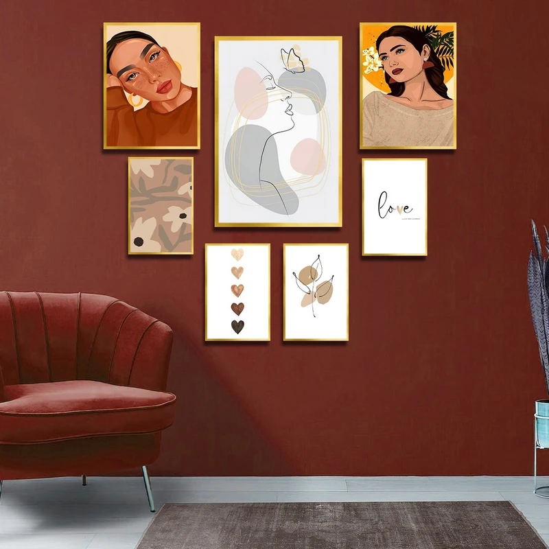 تابلو بکلیت طرح نقاشی مینیمال مدل شاین اکلیلی T-2285 فریم طلایی مجموعه 7 عددی