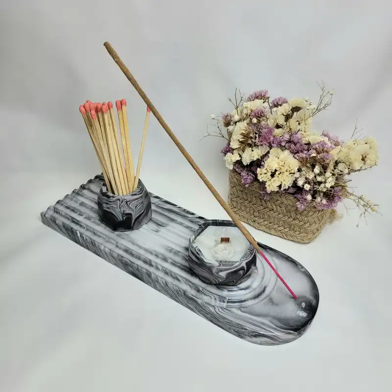 ست جاشمعی و جاعودی مدل رنگین کمان طرح ماربل گرد مجموعه 3 عددی