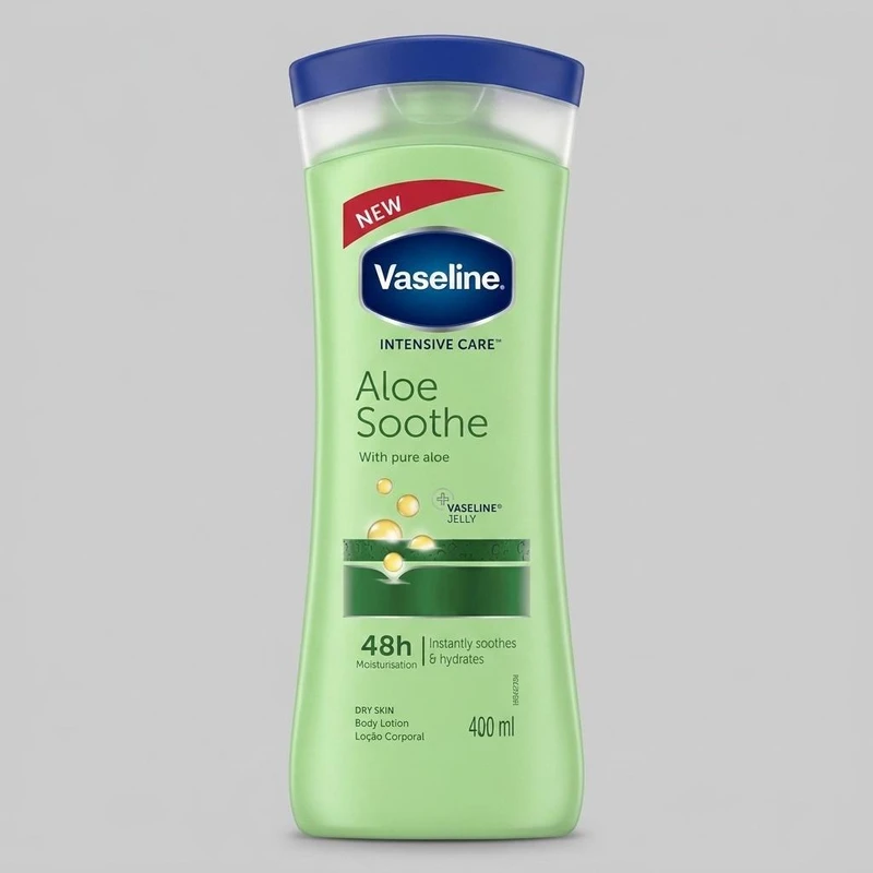 لوسیون بدن وازلین مدل Aloe Soothe حجم 400 میلی‌لیتر، آبرسان قوی، حاوی عصاره آلوئه ورا و ویتامین E، فاقد چربی، جذب سریع، مرطوب‌کننده پوست‌های نرمال تا خشک، با ماندگاری 48 ساعت و رایحه دلپذیر