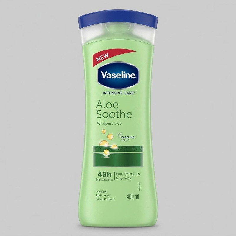 لوسیون بدن وازلین مدل Aloe Soothe حجم 400 میلیلیتر، آبرسان قوی، حاوی عصاره آلوئه ورا و ویتامین E، فاقد چربی، جذب سریع، مرطوبکننده پوستهای نرمال تا خشک، با ماندگاری 48 ساعت و رایحه دلپذیر