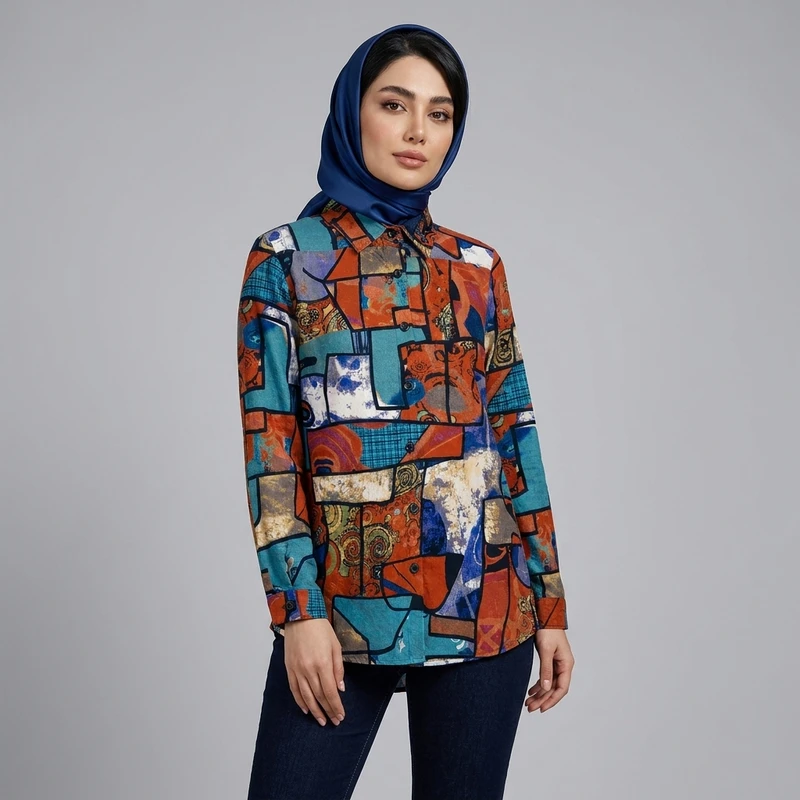 مانتو زنانه طرح هندسی الیاف طبیعی با دکمه مدل 0140