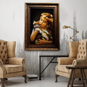 تابلو فرش دستباف طرح دختر و گربه مدل 128