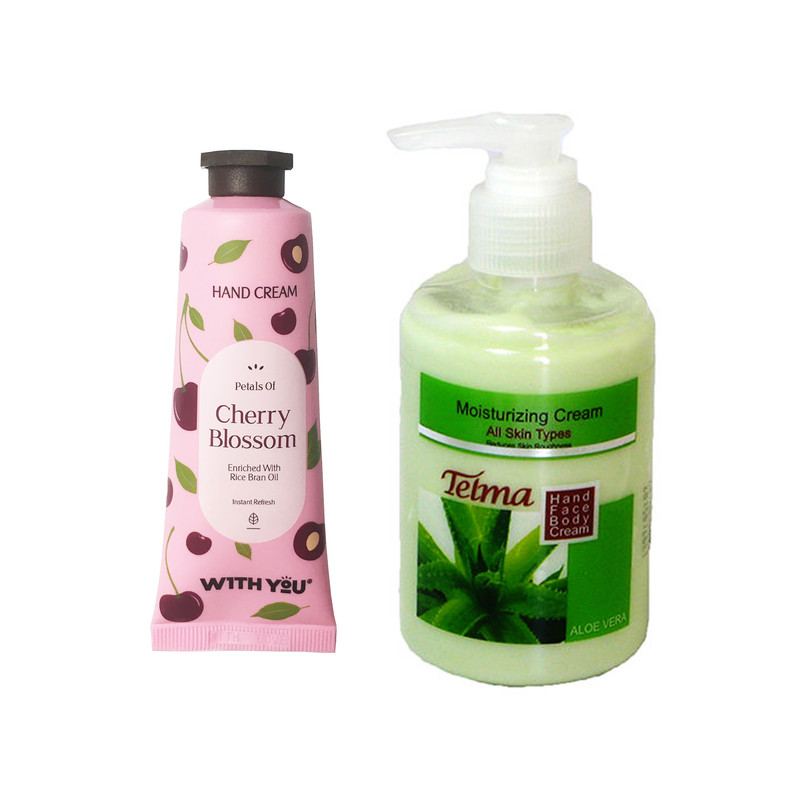 کرم آبرسان و مرطوب کننده تلما مدل آلوئه ورا حجم 200 میلی لیتر به همراه کرم مرطوب کننده ویت یو مدل Cherry Blossom حجم 50 میلی لیتر 