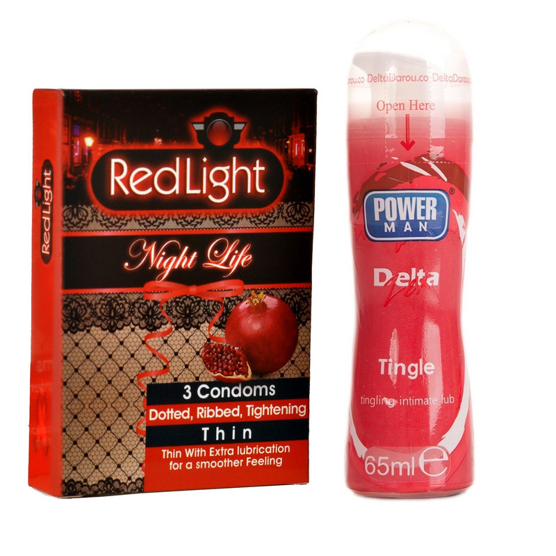 کاندوم ردلایت مدل Night Life بسته 3 عددی به همراه ژل پاورمن مدل Tingle حجم 65 میلی لیتر