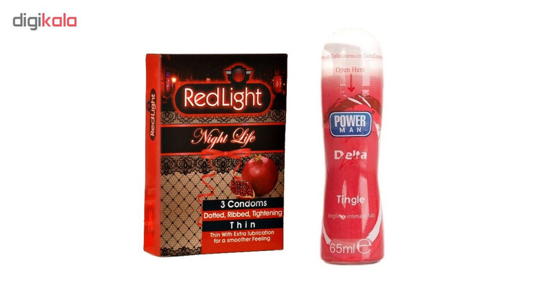 کاندوم ردلایت مدل Night Life بسته 3 عددی به همراه ژل پاورمن مدل Tingle حجم 65 میلی لیتر