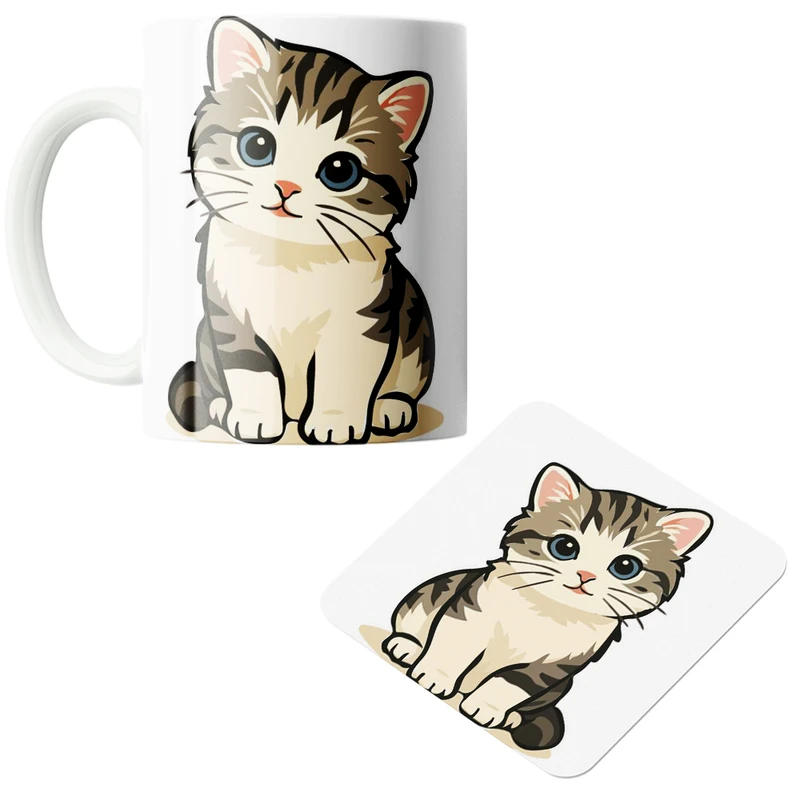 ماگ پاد آفرین مدل گربه بامزه کد z461 به همراه زیر لیوانی