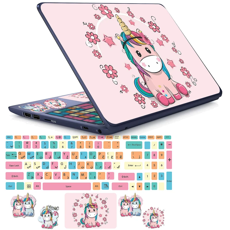 استیکر لپ تاپ مدل cute unicorn 04 مناسب برای لپ تاپ 15 تا 17 اینچ به همراه برچسب حروف فارسی کیبورد