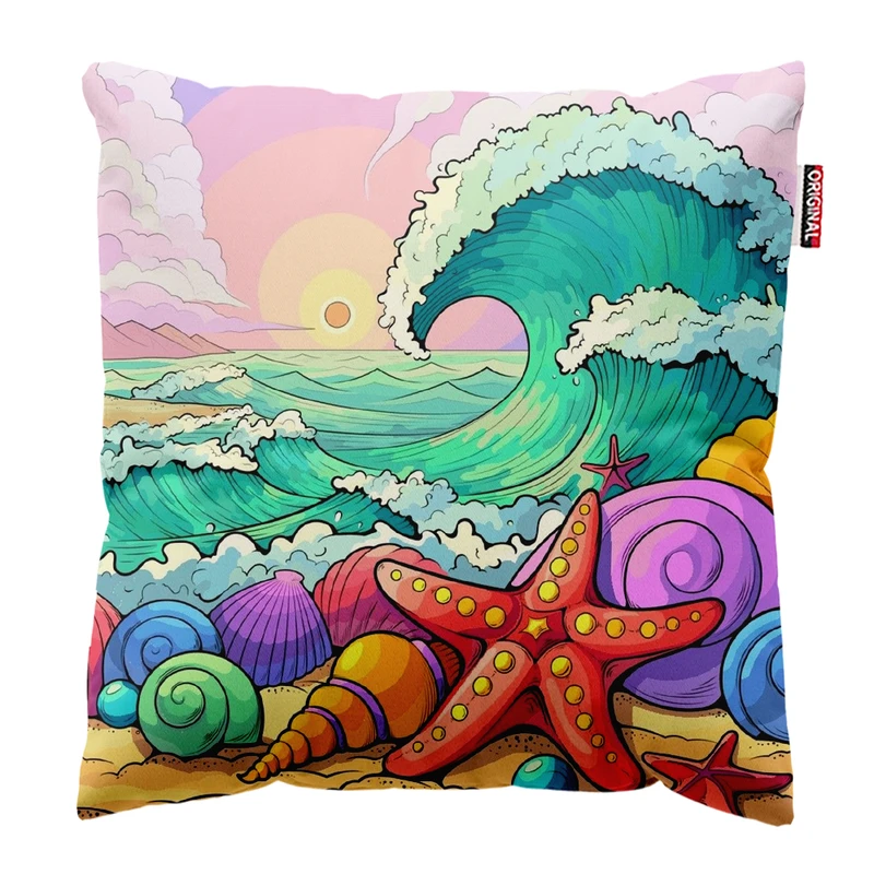 کوسن پاد آفرین مدل دریا طرح ساحل کشتی صدف کد PK402374 سایز 40*40 سانتی متر