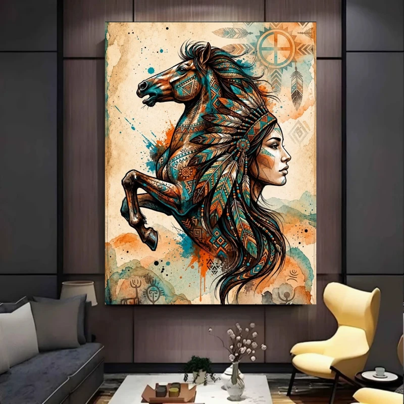 پوستر پارچه ای طرح مخمل  اسب مدل زن بومی سرخپوست کد BK57838