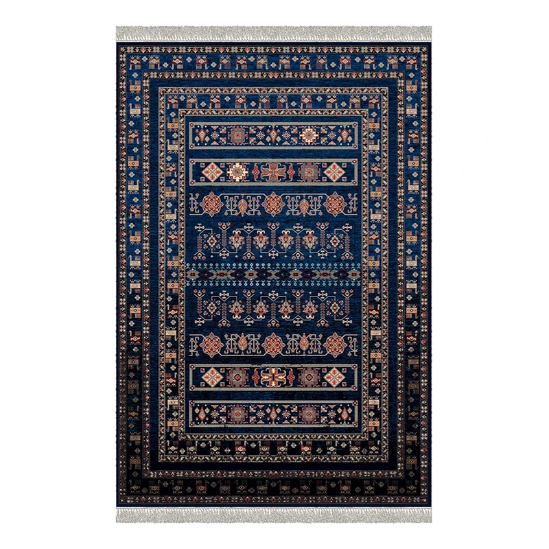 فرش ماشینی 1000 شانه هانوکس زمینه آبی حاشیه چند رنگ مدل مدرن کد L282