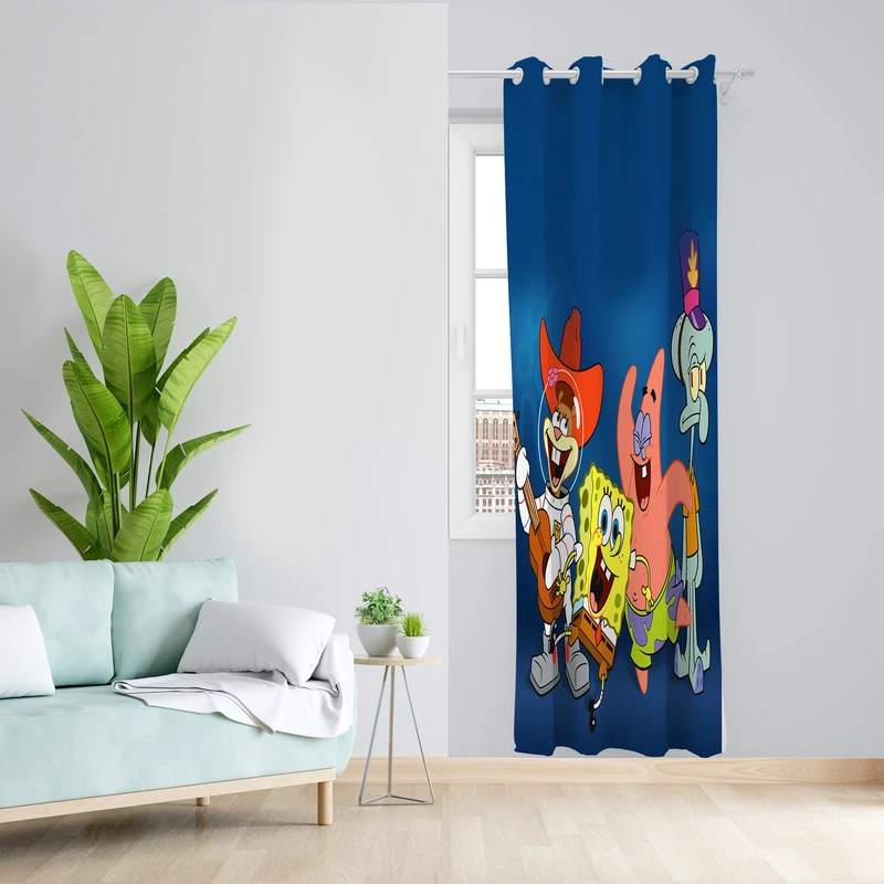 پرده طرح کارتون باب اسفنجی مدل مخمل پانچی کد 4243 z سایز 140x200 سانتی متر