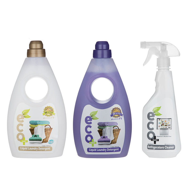 پک مایع لباسشویی ایکو مویست مدل HE به همراه اسپری تمیز کننده یخچال