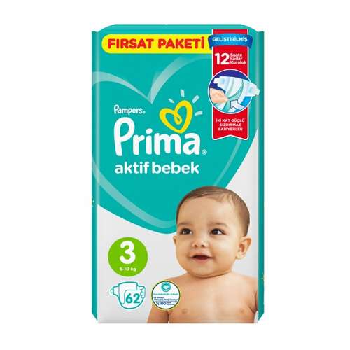 پوشک کودک پریما مدل Aktif bebek سایز 3 بسته 62 عددی