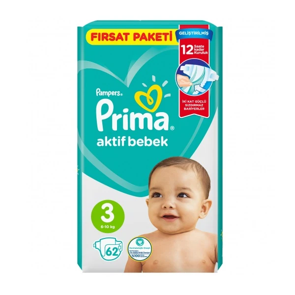 پوشک کودک پریما مدل Aktif bebek سایز 3 بسته 62 عددی