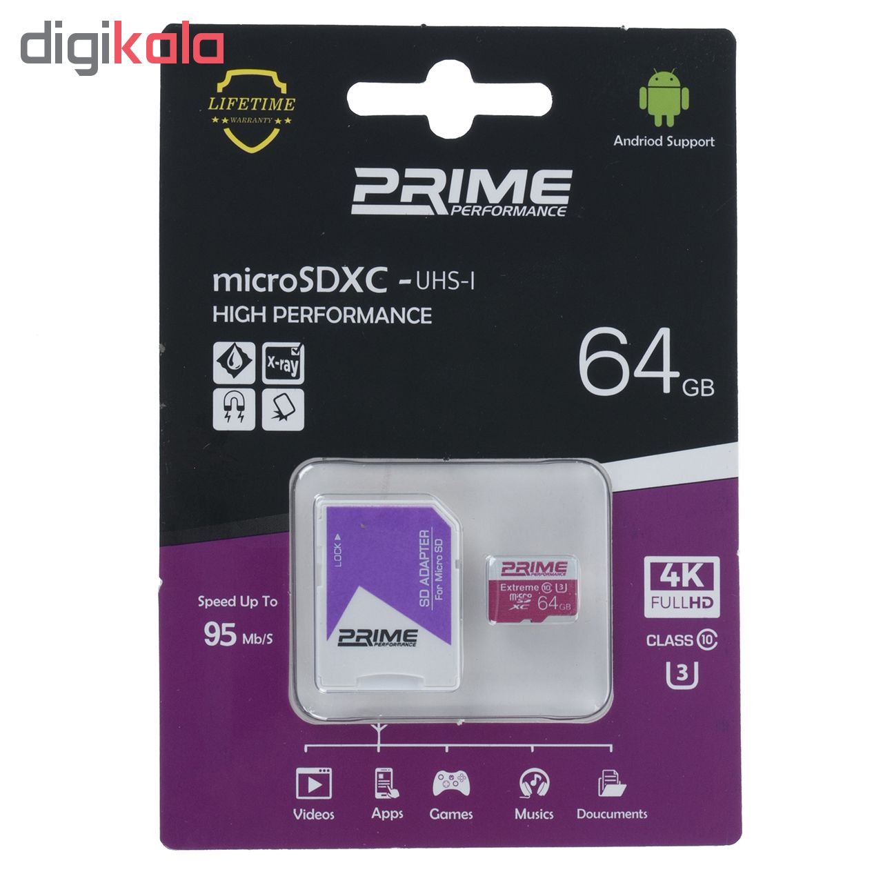 کارت حافظه microSDXC پرایم کلاس 10 استاندارد UHS-I U3 سرعت 95MBps همراه با آداپتور SD ظرفیت 64 گیگابایت