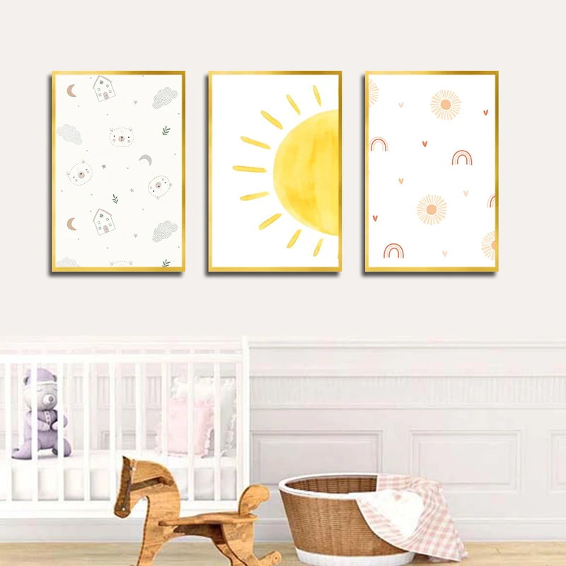 تابلو بکلیت طرح نقاشی فانتزی خورشید مدل T-3696 فریم طلایی مجموعه 3 عددی