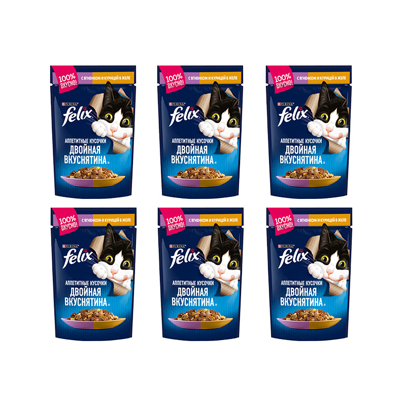 پوچ گربه بالغ فلیکس مدل Appetizing Pieces In Jelly Pack طعم مرغ و بره بسته 6 عددی