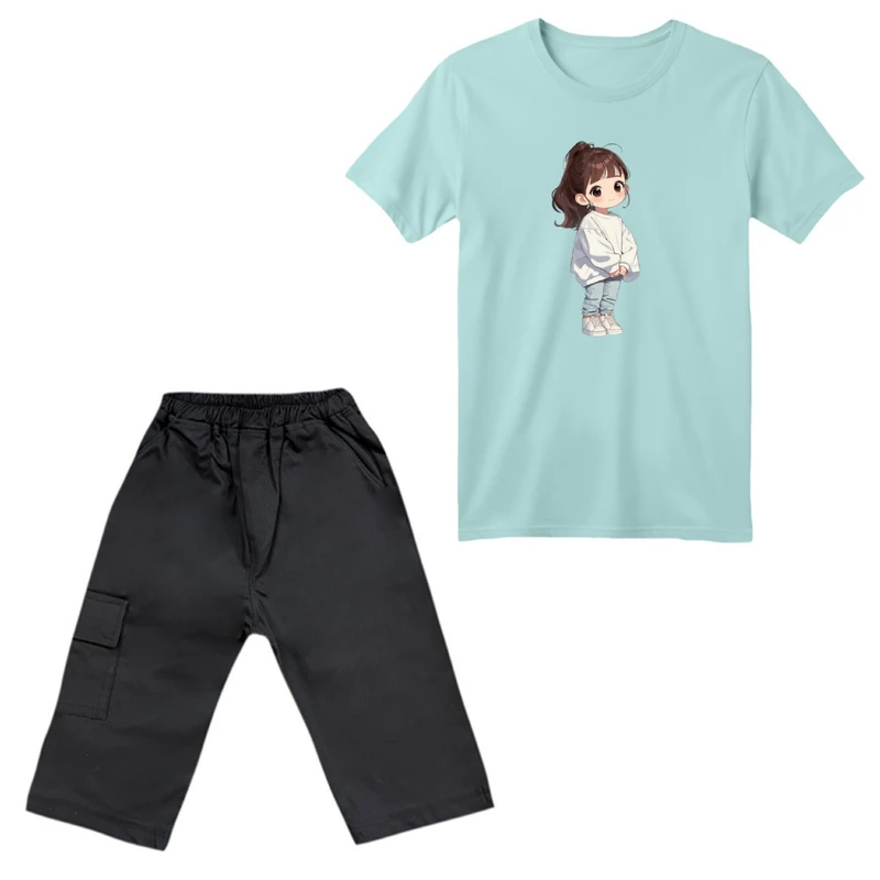 ست تی‌شرت آستین کوتاه و شلوارک دخترانه مدل دختر مو بلند