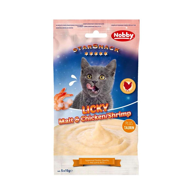 تشویقی گربه نوبی مدل مالت طعم مرغ و میگو وزن 75 گرم