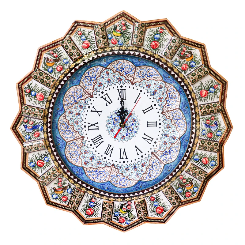 ساعت دیواری خاتم کاری مدل خورشیدی طرح گل و مرغ برجسته کد Gr46d28-4f4-n1