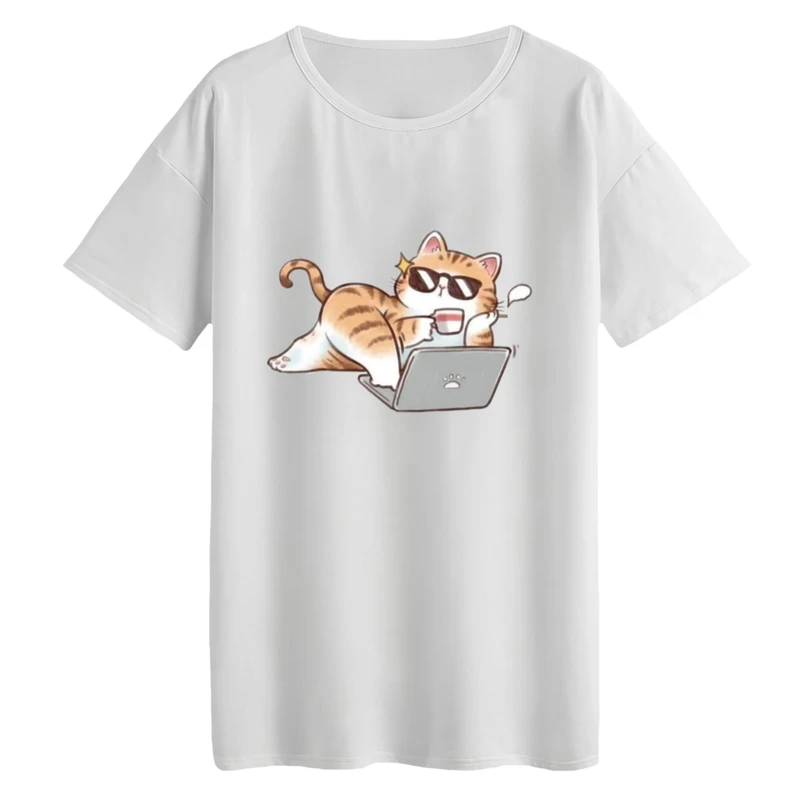 تی‌شرت لانگ آستین کوتاه زنانه مدل گربه و لپ تاپ