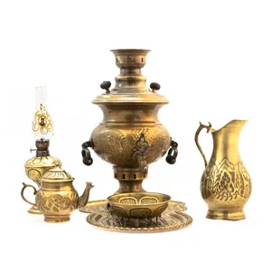 سرویس سماور ذغالی 6 پارچه برنجی مدل قلم کاری کد 3286