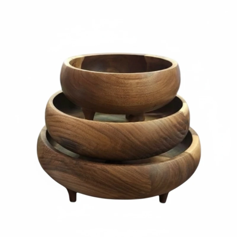 کاسه چوبی مدل خمره ای پایه دار بسته 3 عددی