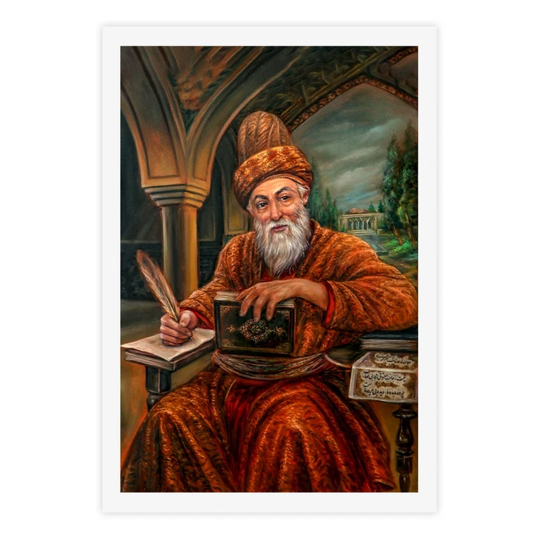 تابلو بکلیت طرح نقاشی رنگ روغن شاعر صائب تبریزی مدل W-S10652 فریم سفید