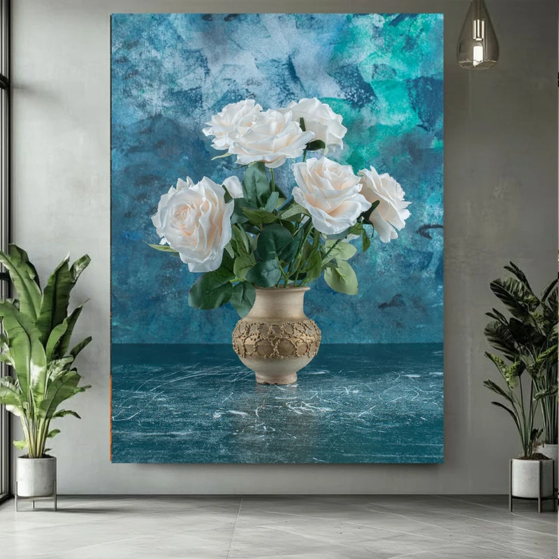 پوستر پارچه ای طرح مخمل گلدان رز مدل فیروزه کد BK25044