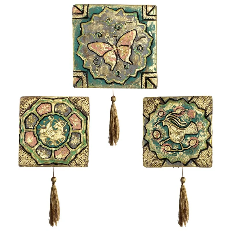 دیوارکوب سفالی طرح کاشی مدل پرنده و پروانه مجموعه 3 عددی