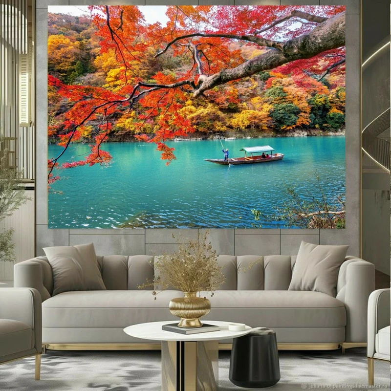 استیکر طرح دریاچه پاییزی مدل قایق سواری کد FP105513