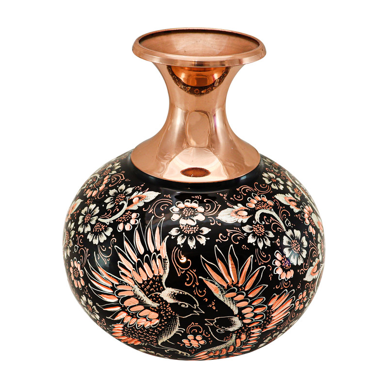 گلدان مسی مدل نقره کوب الماس تراش طرح دو بلبل کد Slvpomegranate17p14half