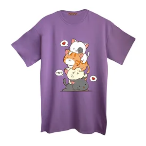 تی شرت لانگ آستین کوتاه  زنانه مدل گربه های بازیگوش رنگ یاسی