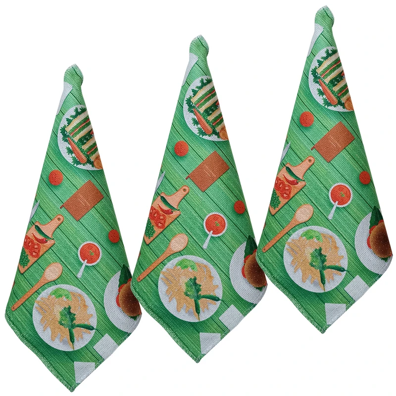 دستمال نظافت آشپزخانه بی تی مدل میکروفایبر طرح میز غذا کد 30x30W213 بسته 3 عددی