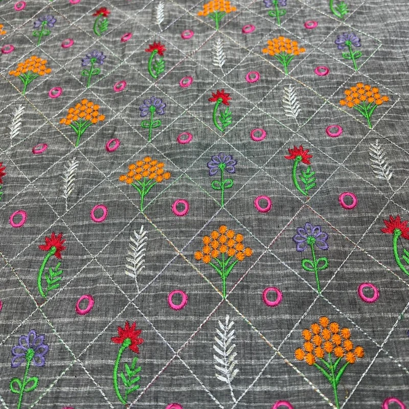 پارچه لباس عرض 1.1 متر مدل سوزندوزی تافته رنگ طوسی