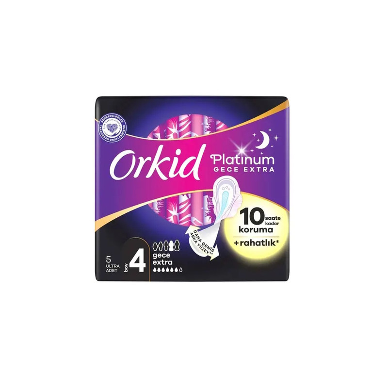 نوار بهداشتی بالدار مشبک نازک ضد حساسیت روز و شب اورکید مدل Platinum Gece Extra با جذب بالا سایز 4 بسته 5 عددی 