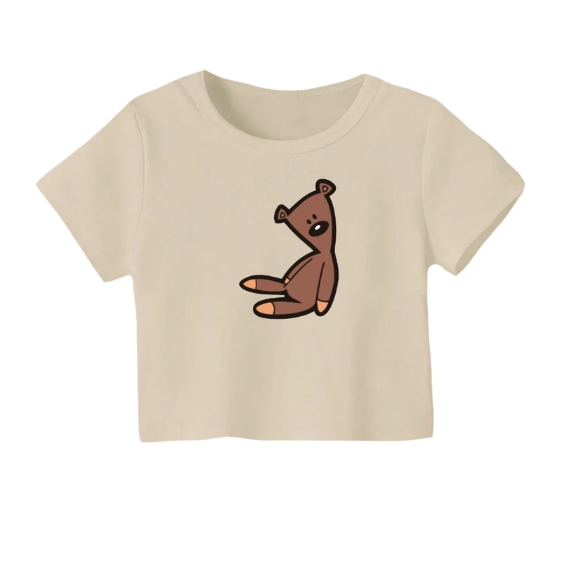 کراپ‌ تی‌شرت آستین کوتاه زنانه مدل مستربین رنگ کرم 