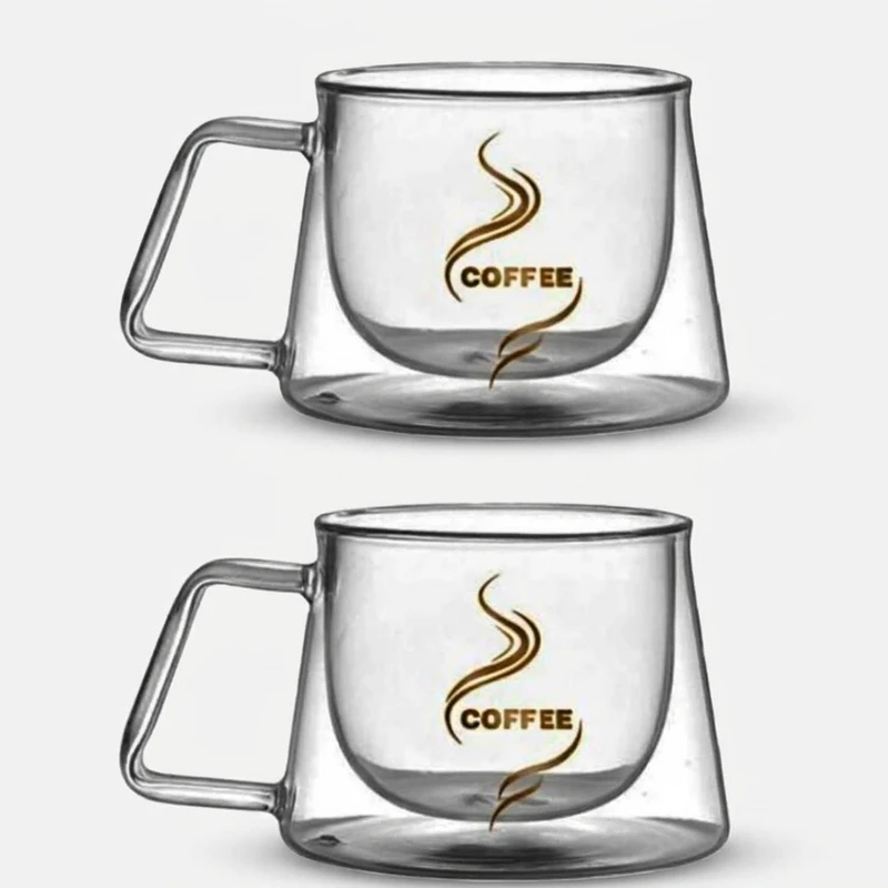 لیوان مدل دوجداره دسته دار کد 250 طرح کافی بسته 2 عددی