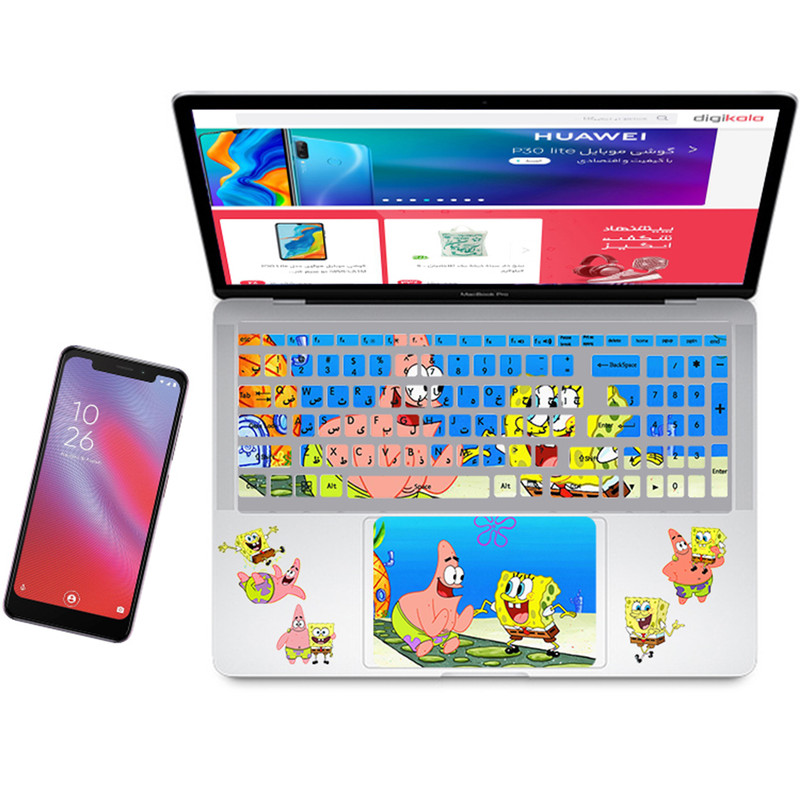  استیکر لپ تاپ مدل باب اسفنجی کد01 مناسب برای لپ تاپ 17 اینچ به همراه برچسب حروف فارسی کیبورد