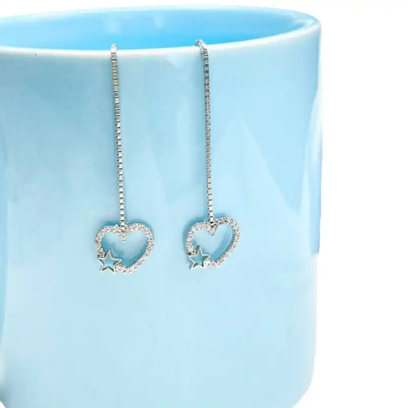 گوشواره نقره زنانه مدل بخیه قلب ستاره دار RZZDEH-034