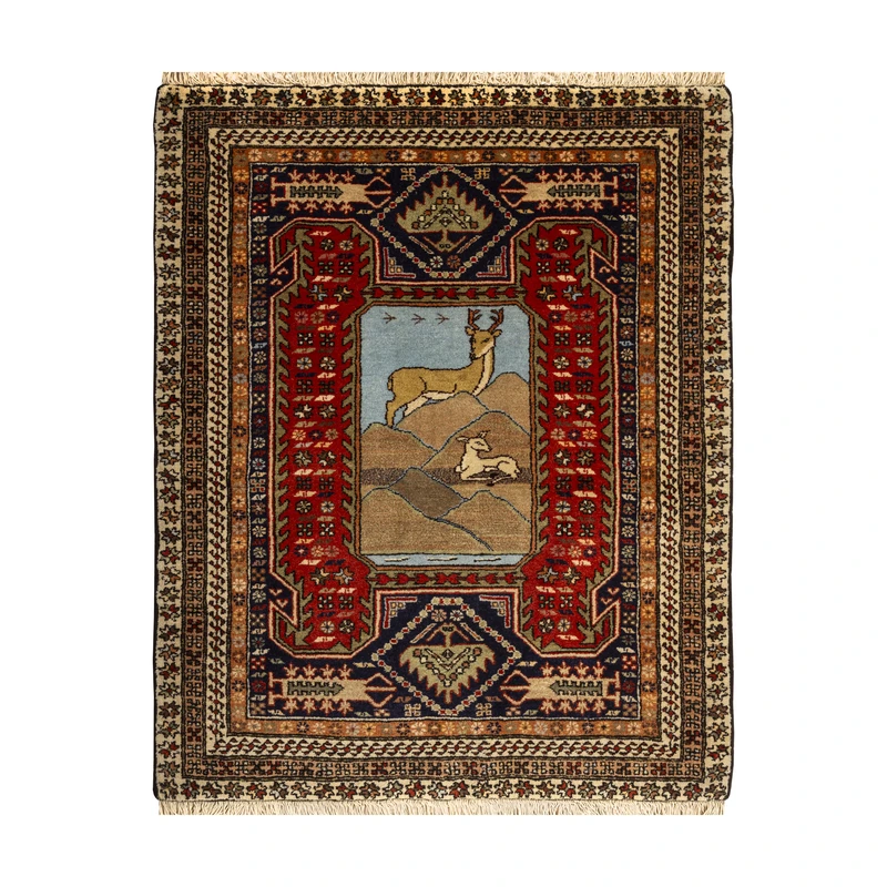 فرش دستبافت 0.82 متری طرح اردبیل کد 45P1981P1982 زمینه لاکی مجموعه دو عددی