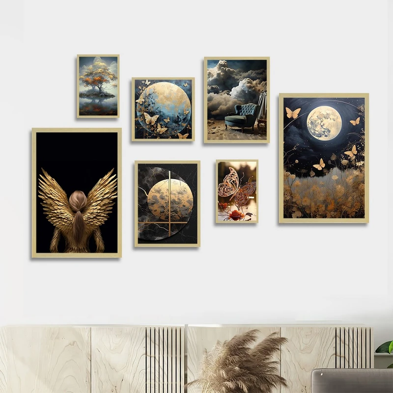 تابلو بکلیت طرح نقاشی مدرن پروانه و بال طلایی مدل BE-1217 مجموعه 7 عددی