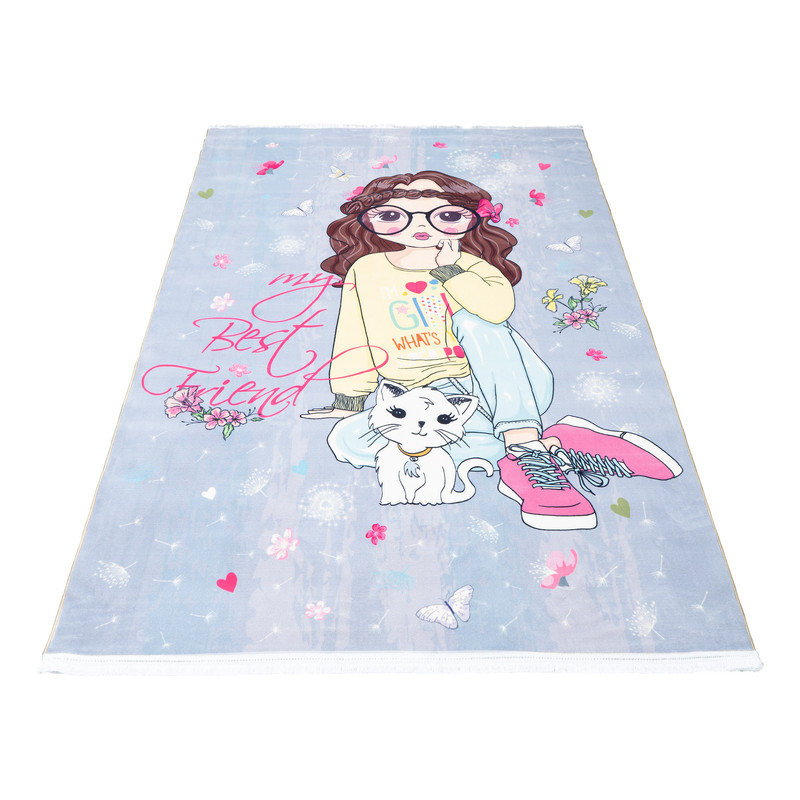 فرش ماشینی محتشم طرح کودک مدل دختر و گربه کد 101234