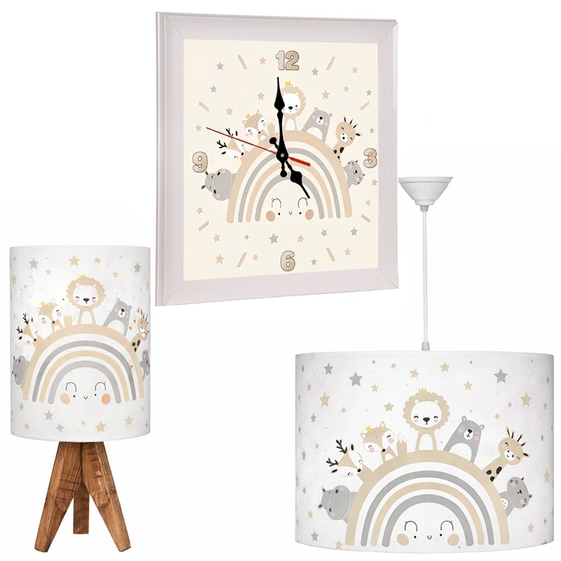 لوستر کودک مدل رنگین کمان حیوانات به همراه آباژور رومیزی و ساعت دیواری
