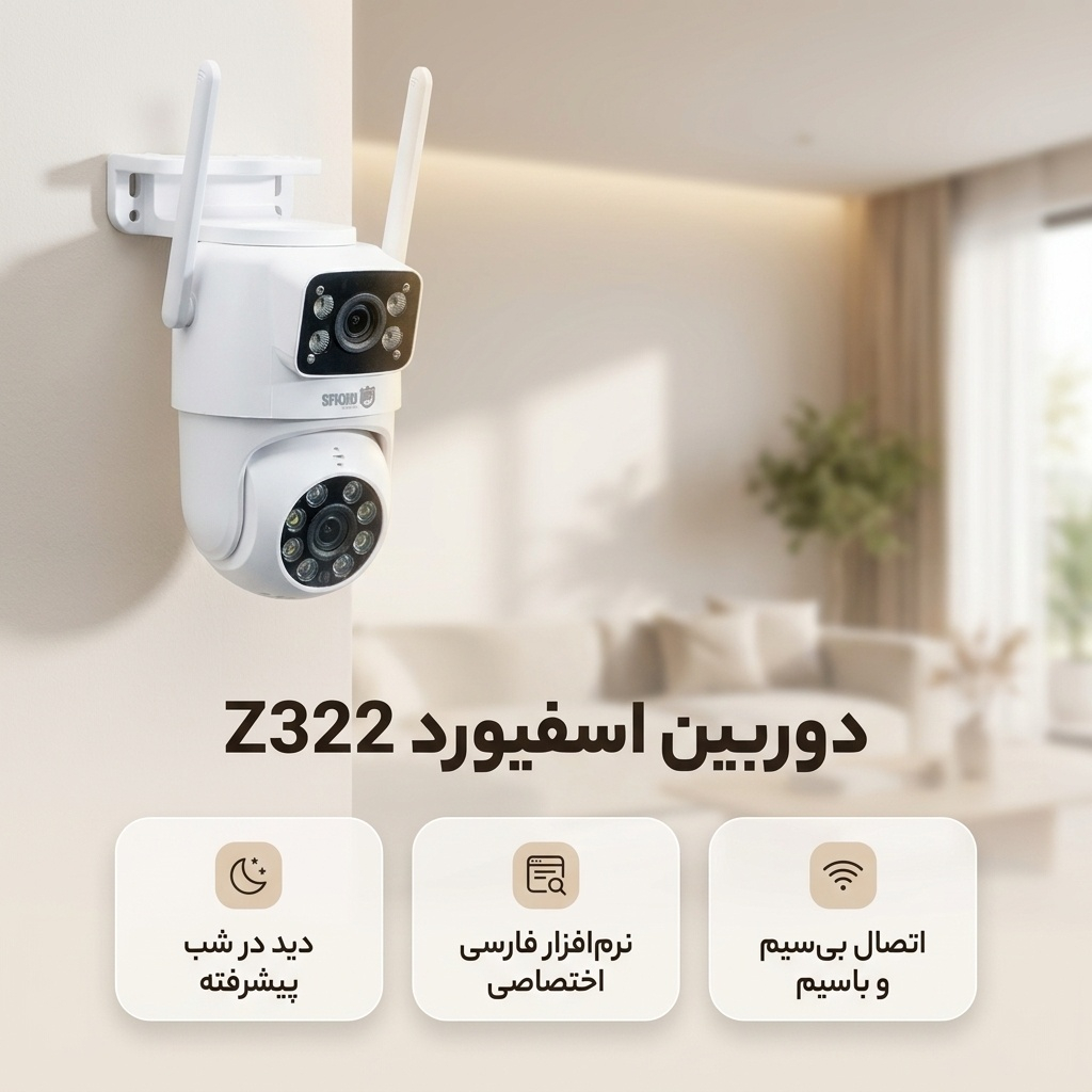 دوربین امنیتی تحت شبکه دو لنز اسفیورد مدل Z322، با کیفیت تصویر 3 مگاپیکسل، دید در شب رنگی، تشخیص و تعقیب سوژه با هوش مصنوعی، چرخش افقی 335 و عمودی 90 درجه و مکالمه دوطرفه