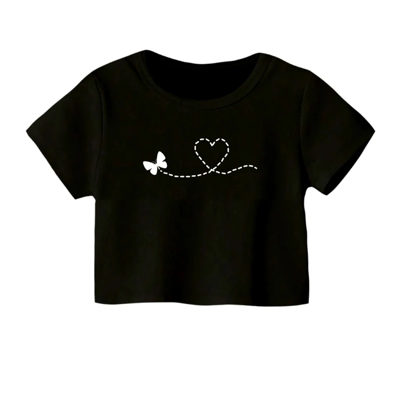 کراپ‌ تی‌شرت آستین کوتاه زنانه مدل پروانه و قلب 2