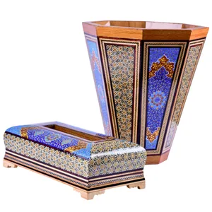 ست جعبه دستمال کاغذی و سطل خاتم کاری مدل شوکران کد 3225