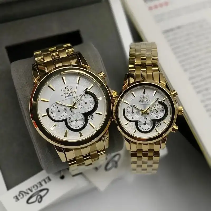 ست ساعت مچی عقربه ای زنانه و مردانه الگانس مدل سه موتور فعال کرنوگراف قفل مخفی