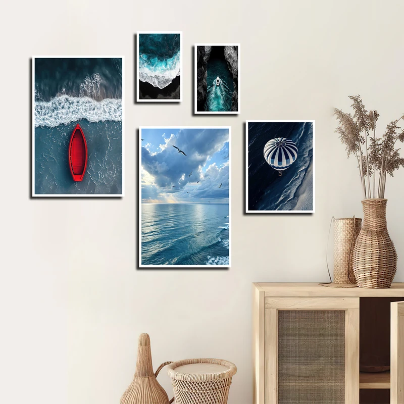 تابلو بکلیت طرح طبیعت دریا و قایق و بالن مدل W-3361 فریم سفید مجموعه 5 عددی