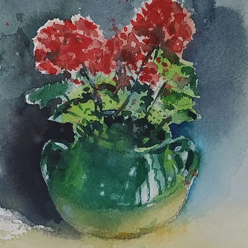 نقاشی آبرنگ طرح گلدان شمعدانی کد 30